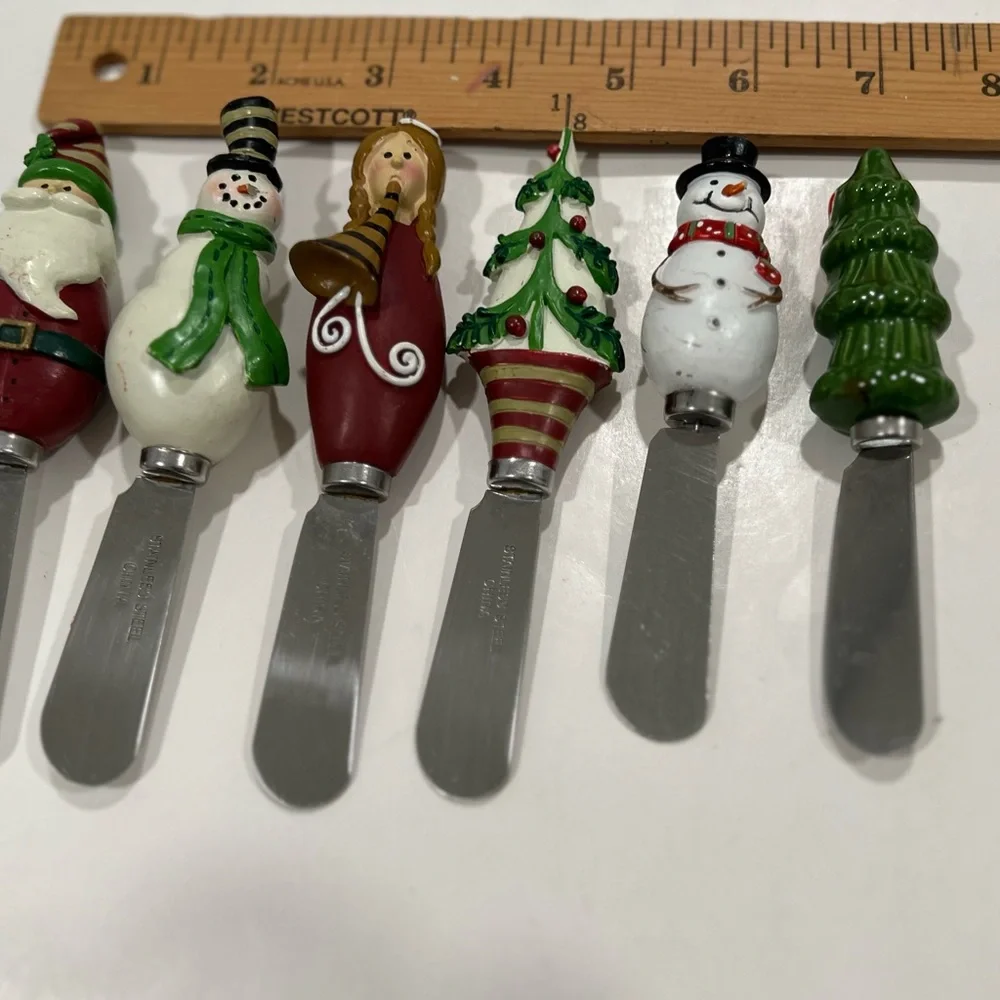 VTG Christmas Set Of 6 Butter/Cheese Spreaders Stainless Steel FlAWED